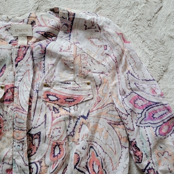 ✨CL Chico's 100% Linen Paisley Pastel Color Print Full Zip 3/4 Sleeve Blazer 0 - Picture 8 of 13